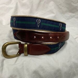 Leather and Canvas Belt with Golf Print and Brass Buckle size 42